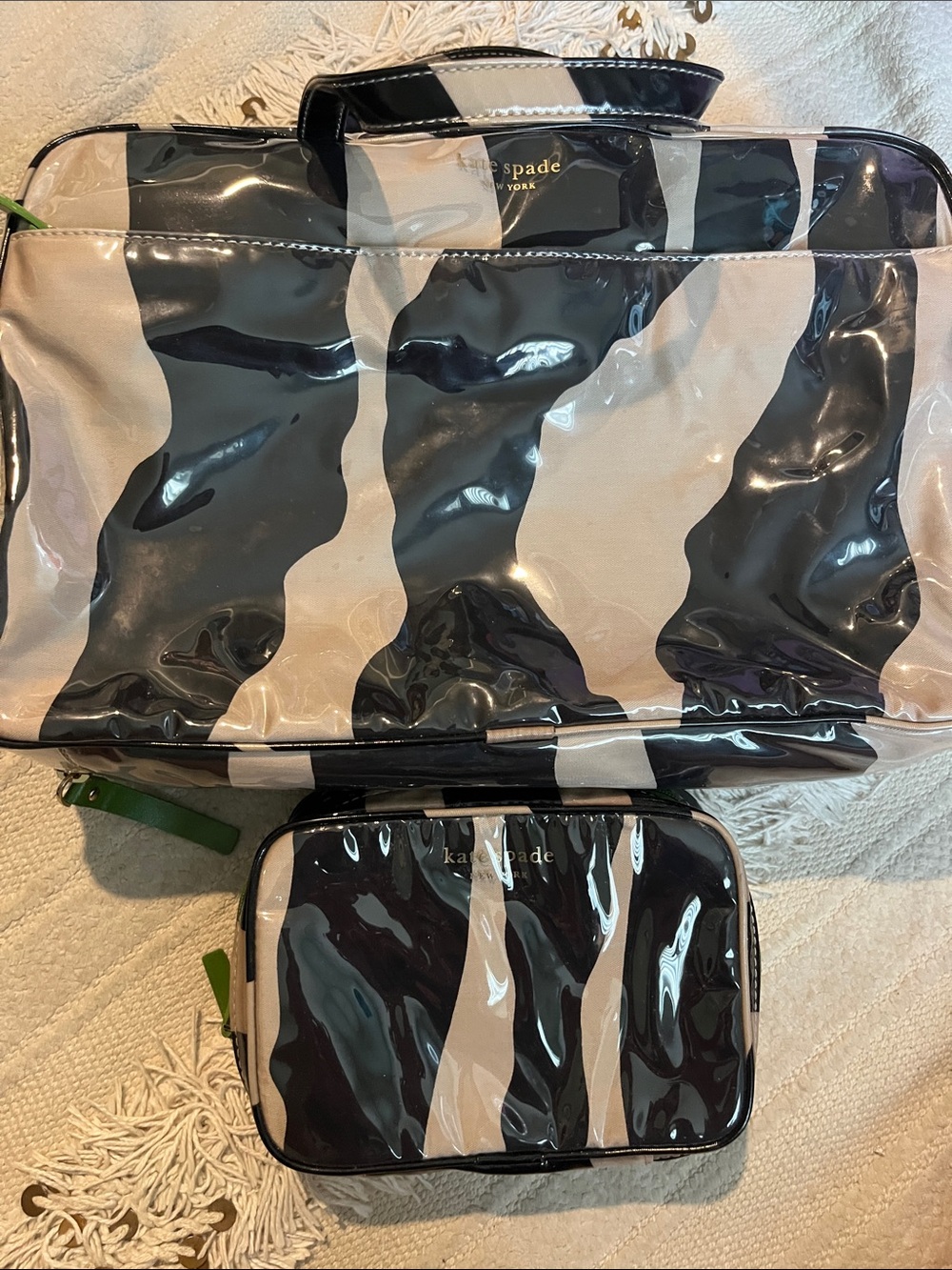 kate spade Black and Cream Striped large and very small Toiletry Bag Set